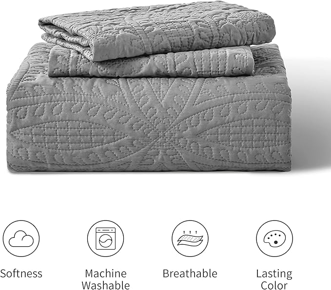 Love's cabin King Size Quilt Set Grey Bedspreads - Soft Bed Summer Lightweight Bedspread Comforter - Modern Style Coin Pattern Coverlet for All Season - 3 Pieces (1 Quilt, 2 Pillow Shams)