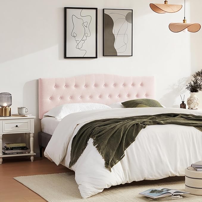 Tufted Upholstered Headboard Full Size, Sturdy and Durable Solid Wood Bed headboard, Fabric Headboard Adjustable Height from 37” to 51”, Modern Button Diamond Design Head Board, Pink