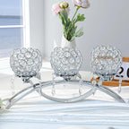 Set of 3 Gold Crystal Tea Light Candlestick Holders Flower Shape with Crystal Pendant Bowl Votive Metal Candle Holder for Table Centerpieces Wedding Home Decor (Silver, 3 arm)