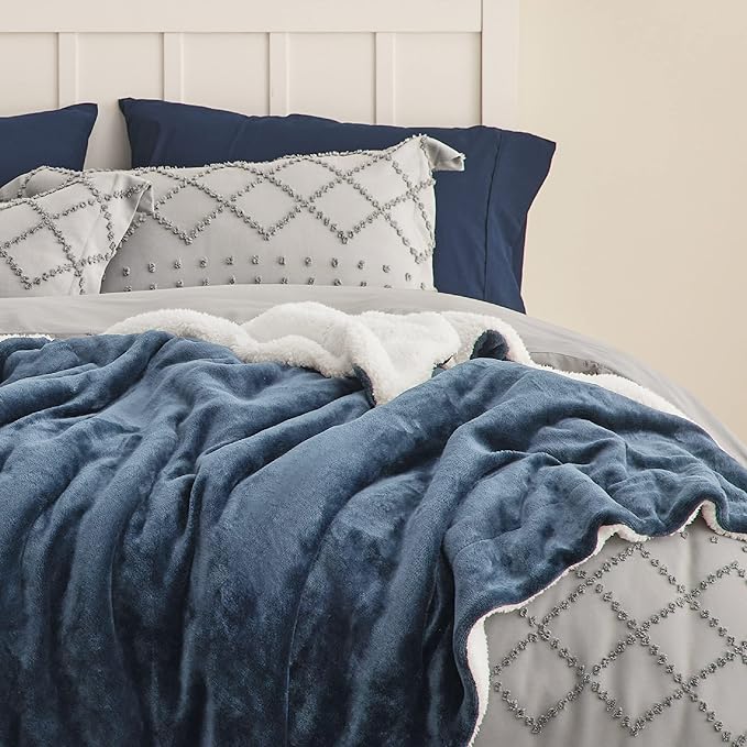 Bedsure GentleSoft Sherpa Fleece Blankets King Size for Bed - Thick and Warm, Soft Fuzzy Plush King Blanket for Winter, Slate Blue, 108x90 Inches