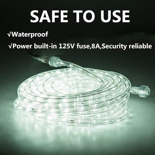 50ft/15m Plug in LED Rope Lights, 540 Daylight White LEDs, 110V, Waterproof,Connectable, Power Socket Connector Fuse Holder, Indoor/Outdoor Use, Ideal for Backyards, Decorative Lighting