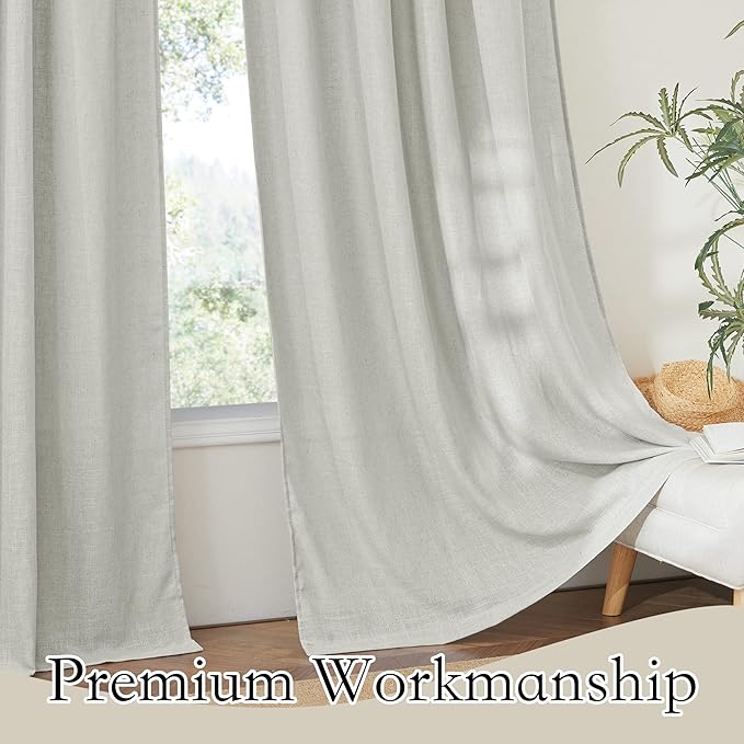 RYB HOME Floor to Ceiling Curtains 120 inches Long, Flax Linen Blend Semi Sheer Curtains Soft Airy Half Privavy Drapery for Sliding Door, Bay Window, Living Room, W 52 x L 120 inch, 2 Panels, Grey