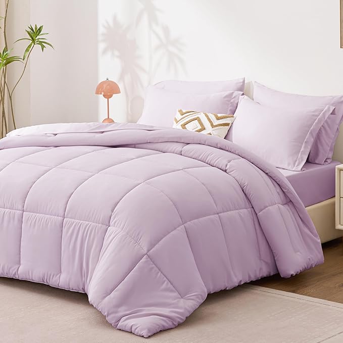 Love's cabin California King Comforter Set Light Purple, 7 Pieces California King Bed in a Bag, All Season Bedding Sets with 1 Comforter, 1 Flat Sheet, 1 Fitted Sheet, 2 Pillowcase and 2 Pillow Sham