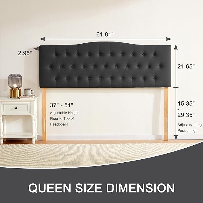 Tufted Upholstered Headboard Queen Size, Sturdy and Durable Solid Wood Bed headboard, Fabric Headboard Adjustable Height from 37” to 51”, Modern Button Diamond Design Head Board, Black