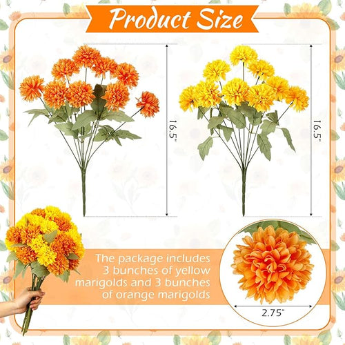 6 Bundles 16.5" Artificial Marigold Flowers 54 Heads Orange & Yellow Dried Silk Fake Marigold Ball Heads Bouquet Realistic Autumn Plants for Day of the Dead Dia De Los Muertos Fall Decoration