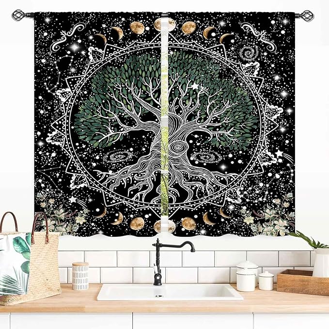 Life Tree Curtains, Hippie Sun Moon Trippy Tree of Life Bohemian Mandala Aesthetci Mystic Witchy Blackout Window Drapery Treatments for Bedroom Living Room Bathroom Decor, 55x39 Inch