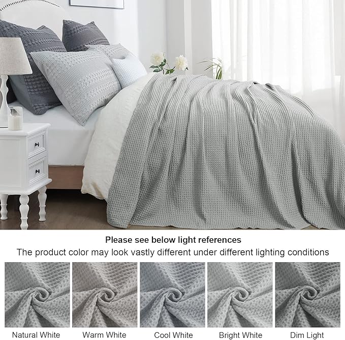 PHF 100% Cotton Waffle Weave Blanket Twin Size for Bed,Snag Proof Lightweight Breathable Moisture-Wicking Throw for Couch,Great for Layering in Cold Weather,Machine Washable,Home Decor Gift-Light Grey