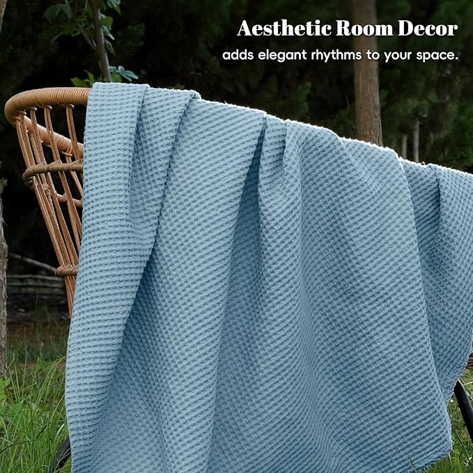 PHF 100% Cotton Waffle Weave Blanket Queen Size for Bed,Snag Proof Lightweight Breathable Moisture-Wicking Throw for Couch,Great for Layering in Cold Weather, Home Decor Gift-Dusty Blue
