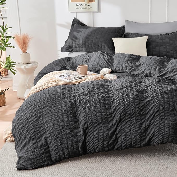 HYMOKEGE Dark Grey/Light Grey California King Comforter Set Seersucker 7 Pieces, All Season Luxury Bed in a Bag for Bedroom, Bedding Set with Comforter, Sheets, Pillowcases & Shams
