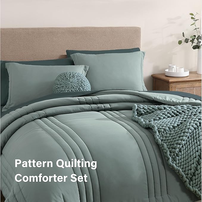 Monbix Full Size Comforter Set - 7 Pieces Sage Green Bed in a Bag Full Size Bedding Sets with Comforters, All Seasons Comforter with Sheets,Pillowcases & Shams
