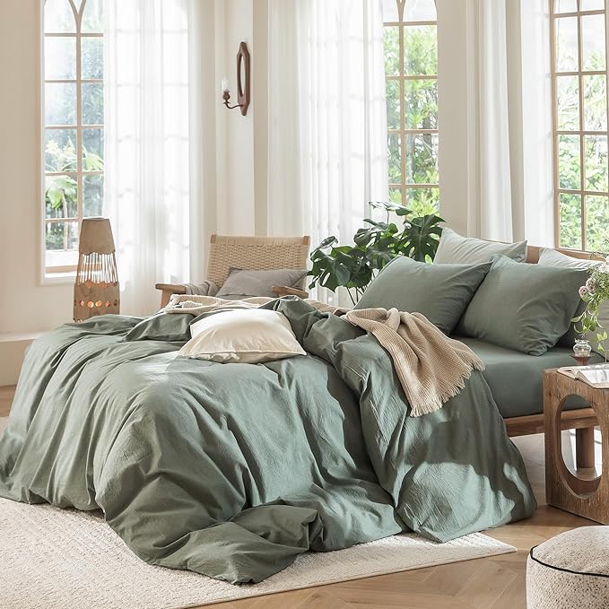 MooMee Bedding Duvet Cover Set 100% Washed Cotton Linen Like Textured Breathable Durable Soft Comfy (Heathered Green, Queen 90"x90")