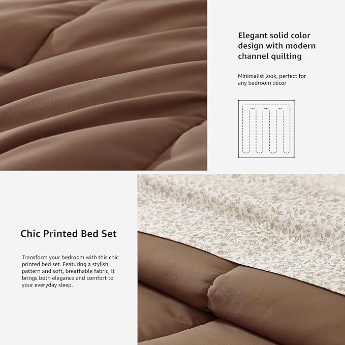 Monbix Full Comforter Set - 7 Pieces Brown Bed in a Bag Full Size Track Stitching Bedding Sets, All Seasons Down Alternative Comforter with Sheets,Pillowcases & Shams