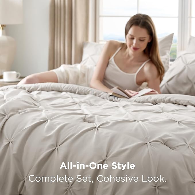 Bedsure King Comforter Set Linen - Bed in a Bag Bedding Set 7 Pieces, GentleSoft™ Pintuck Bed Set Gift for Family, Pinch Pleat All Season Comforter with Sheets, Pillowcases & Shams