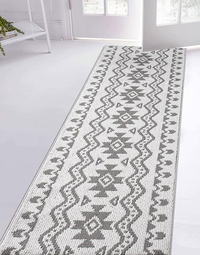 Custom Size Southwestern Style Runner Rug Mat for Wide Hallway Entryway Kitchen Laundry Room with Slip Resistant Latex Rubber Backing, Aztec Light Grey, 31 inch X 8 feet