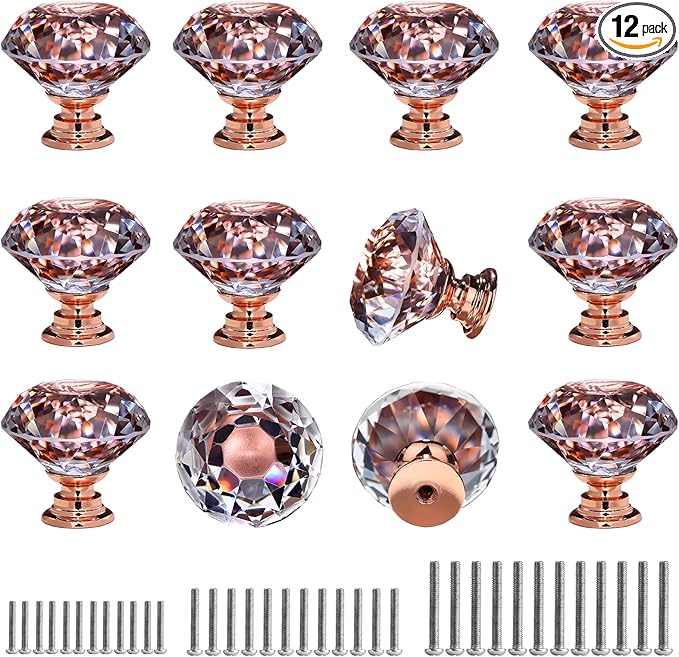 DEELF 12 Packs Kitchen Cabinet Knobs, 40 mm Crystal Cabinet Knobs, Diamond Dresser Handle Drawer Pulls, Dresser Knobs for Cabinets and Drawers, Rose Gold Base