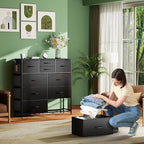 10 Drawer Dresser, Chest of Drawers for Bedroom, PU Dresser with Side Pockets, Hooks, Wooden Top and Sturdy Metal Frame for Living Room, Closet, Hallway (Black)