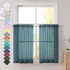 OVZME Dusty Blue Sheer Curtains 36 inches Long, Short Kitchen Window Treatment Solid Sheers Cafe Curtains Bathroom Voile Half Window Curtains 2 Panels, Rod Pocket, 42" Wx36 L