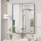22x30 Inch Silver Bathroom Mirror, Brushed Metal Framed Vanity Mirror for Wall, Rounded Corner Rectangle Mirror, Anti- Rust (Horizontal/Vertical)