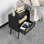 Lerliuo Rattan Nightstands Set of 2, Boho Side Table with Drawer Open Shelf, Cane Accent Bedside End Table with Solid Wood Legs for Bedroom, Dorm and Small Spaces (Black)