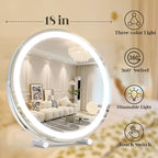 Vanity Makeup Mirror with Lights, 18 Inch LED Makeup Mirror, Lighted Vanity Mirror with Lights, Smart Touch Control 3 Colors Dimmable Round Mirror, Tabletop ＆ Desk Mirror, 360°Rotation (White)