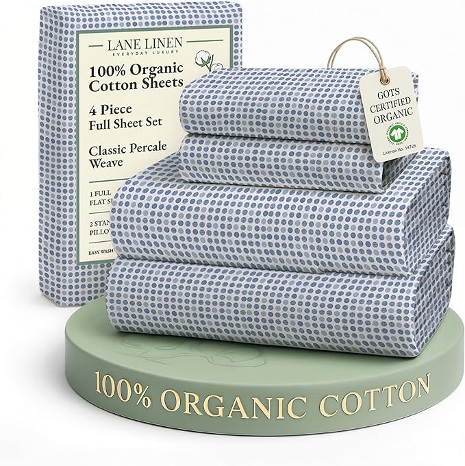 LANE LINEN 100% Organic Cotton Full Sheets Set Soft & Comfy Percale Long Staple Soft Bedding Breathable Fully Elasticized Mercerized Printed Cotton Full Size Set - Polka Dot