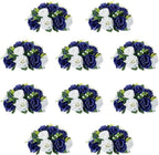10Pcs Fake Flower Ball Arrangement Bouquet, 9.5" 15 Heads Plastic Roses with Base,Suitable for Parties Valentine's Day Wedding Centerpiece Flower Rack and Home Décor (Navy Blue & White)