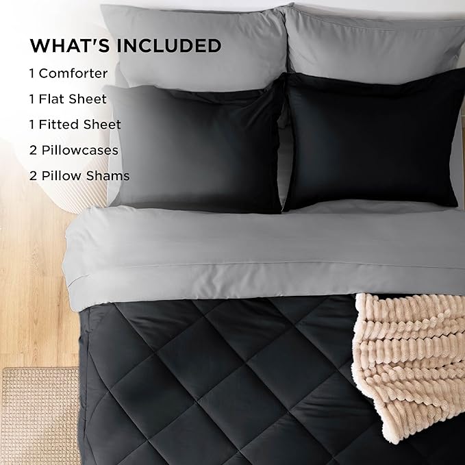 Bedsure California King Comforter Set - 7 Pieces Reversible Black Bedding, California King Size Bed Set for All Seasons, Bed in a Bag with Down Alternative Comforter, Sheets, Pillowcases & Shams