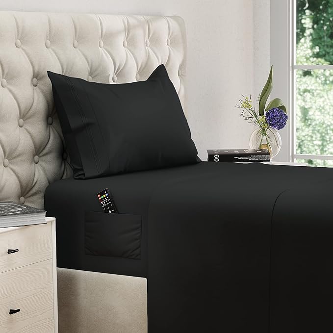 DREAMCARE Twin XL Sheet Sets – 3pcs Cooling Sheets – up to 21” Extra Deep Pocket Twin XL Sheets Set – Hotel Luxury Sheets & Pillowcases – Superior Softness 100% Fine Microfiber with Side Pocket –Black