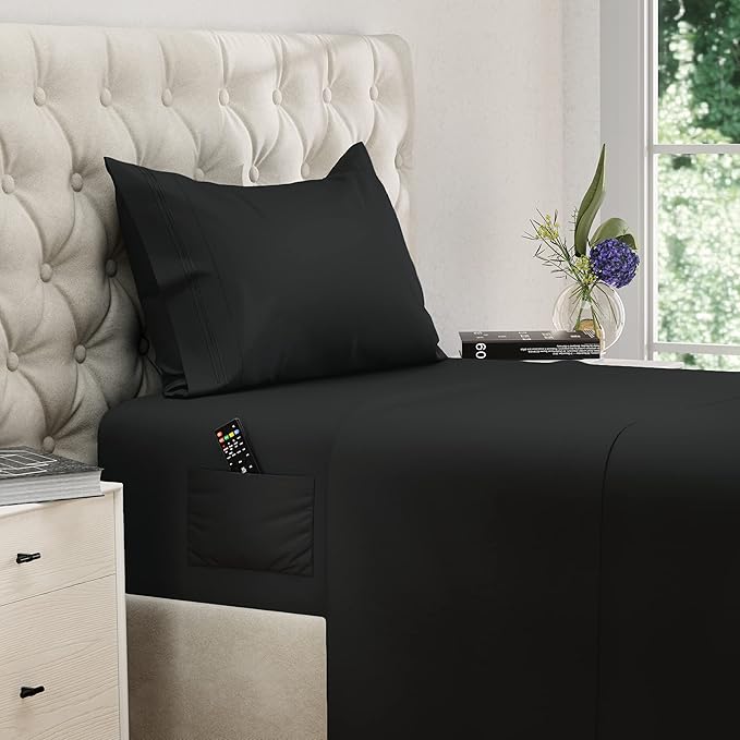 DREAMCARE Twin XL Sheet Sets – 3pcs Cooling Sheets – up to 15” Deep Pocket Twin XL Sheets Set – Hotel Luxury Sheets & Pillowcases – Superior Softness 100% Fine Microfiber with Side Pocket – Black