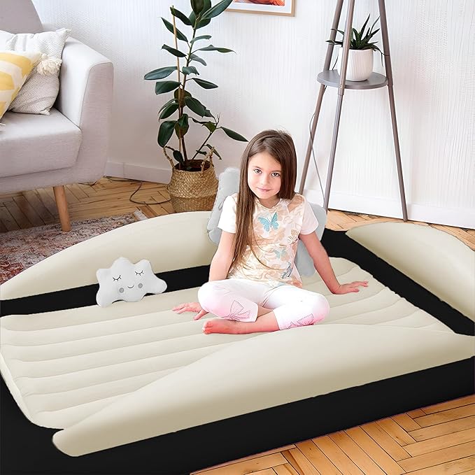 Sleepah Inflatable Toddler Travel Bed Portable Kids Air Mattress Set w Safety Rail Guards for Kids & Toddlers – Includes Pump, Carry Case, Pillow & More - Perfect Transitional Cot (Beige)