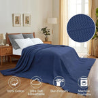 PHF 100% Cotton Waffle Weave Family Blanket,Oversized King Size 120"x 120"-Pre-Washed Snag Proof Lightweight Breathable, 10'x 10' Huge Extra Large Big,Home Decoration Gift-Navy Blue/Bright Blue