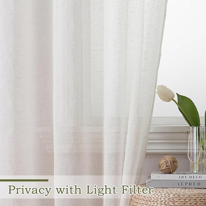 OWENIE Natural Linen Blend Sheer Curtains 72 inches Long 2 Panels Set for Bedroom, Light Filtering Farmhoues Door Curtain for Living Room Drapes, Each 40 W x 72 L