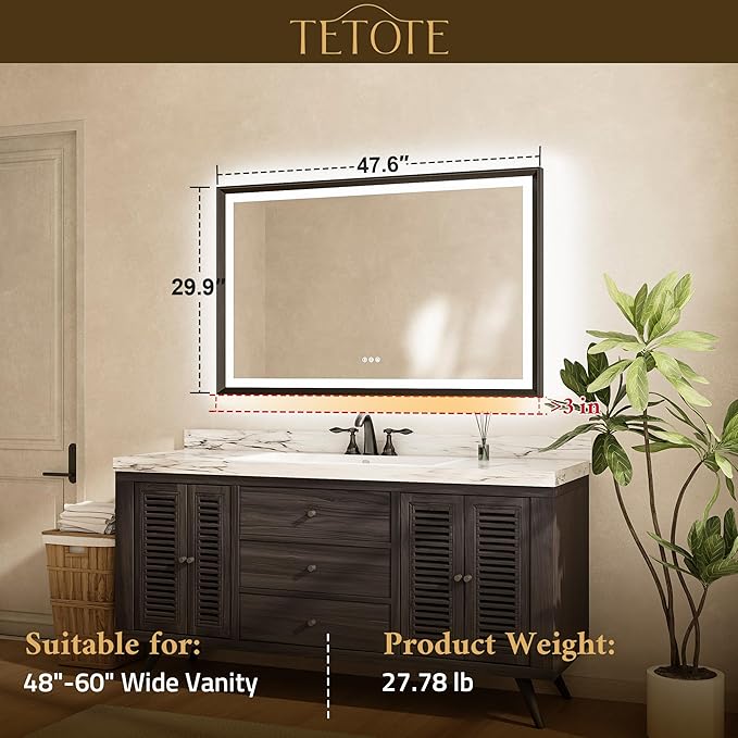 TETOTE 48x30 LED Bathroom Mirror with Lights Gold Metal Framed Front & Back Light Vanity Mirror Baroque Antifog Stepless Dimmable White/Warm/Natural,CRI90+,Waterproof,Wall Mounted(Horizontal/Vertical)