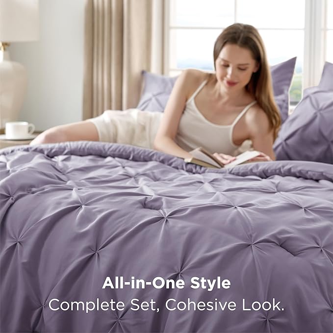 Bedsure Full Comforter Set Grayish Purple - Bed in a Bag Full Size Bedding Set 7 Pieces, GentleSoft™ Pintuck Bed Set Gift for Family, Pinch Pleat All Season Comforter with Sheets, Pillowcases & Shams