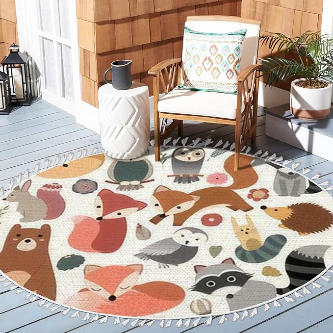 Round Rugs Woodland Animals Cute Forest Design Elements Boho Area Rug Linen and Cotton Carpet Meditation Rug Washable Hallway Runner Mat Accent Rug for Bedroom Bathroom 3ft
