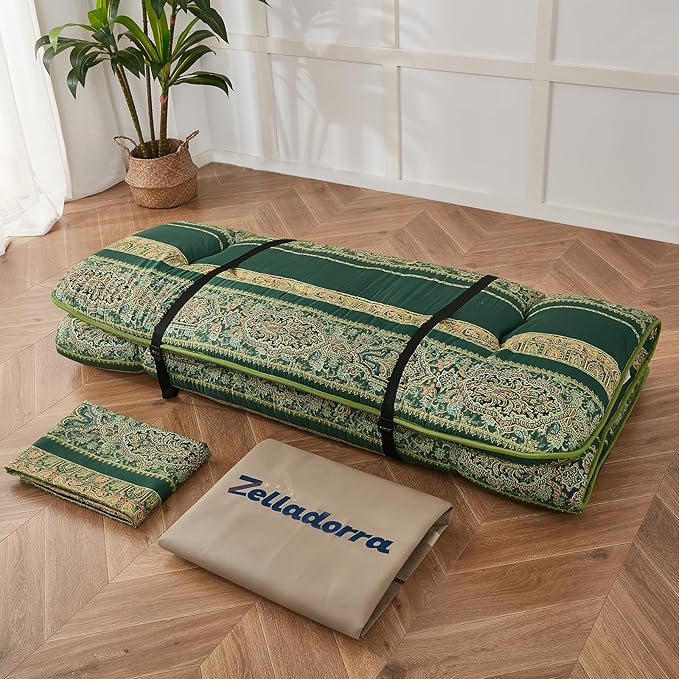 Japanese Floor Mattress, Futon Mattress with Portable Storage Bag and Washable Cover, Roll Up Thick Tatami Mat Suitable for Camping, Guest Room (Boho Green, Full)