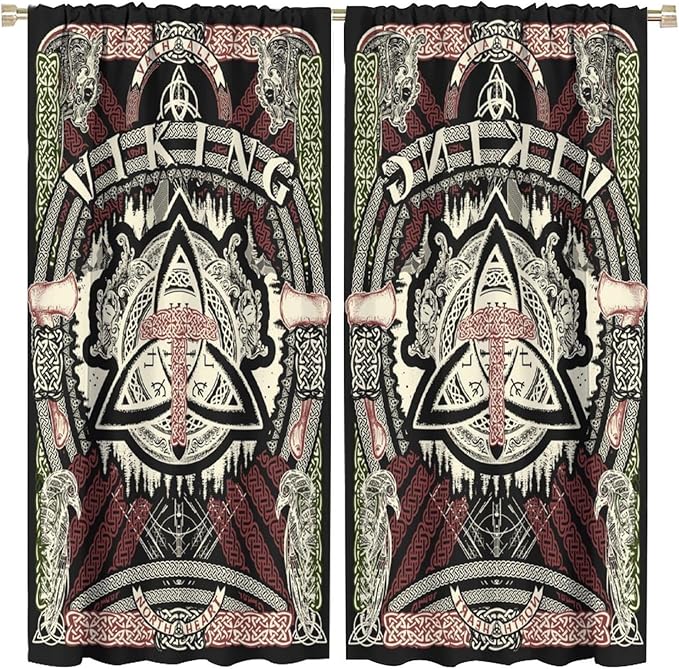 Viking Curtains Nordic Mythology Rune Weapon Antique Viking Pirate Crow Art Pattern Printed Curtains Bedroom Living Room Decoration Blackout Curtains W84 * L84 Inch