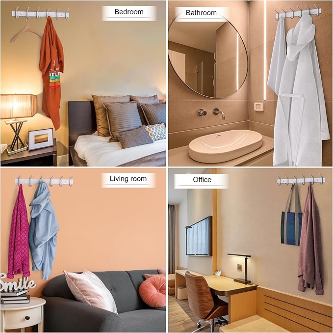 White Coat Rack Wall Mount – 17 Inch Stainless Steel Hook Rail with 6 Heavy Duty Double Coat Hooks – Wall Mounted Coat Hanger for Entryway, Bathroom, Bedroom, Towel, Hat Organizer - 2 Pack
