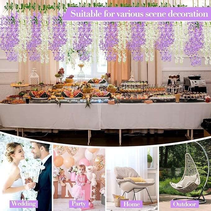 Giegxin 36 Pcs Artificial Wisteria Hanging Flowers 3.6 ft Artificial Fake Wisteria Vine Rattan Hanging Garland Silk Flowers String for Wall Home Wedding Party Greenery Decorations (Purple,White)
