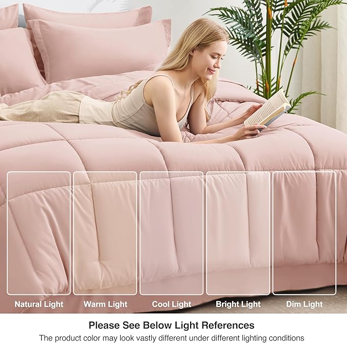 Love's cabin Twin Comforter Set Blush Pink, 5 Pieces Twin Bed in a Bag, All Season Bedding Sets with 1 Comforter, 1 Flat Sheet, 1 Fitted Sheet, 1 Pillowcase and 1 Pillow Sham
