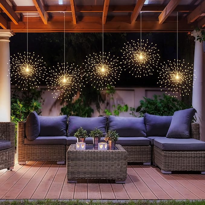 2 Pack Starburst Sphere Lights,200 LLED Firework Lights, 8 Modes Dimmable Remote Control Waterproof Hanging Fairy Light, Copper Wire Light for Patio Parties Christmas (Battery Operated)
