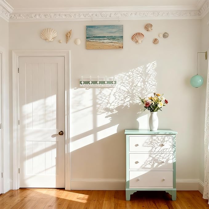 SKOLOO Coastal Wall Mounted Coat Rack - 17" Beach House Entryway Wooden Coat Hook with 5 Hooks for Hanging Coats, Hats or Towels, Oceanfront Cottage Core Collection, White & Green