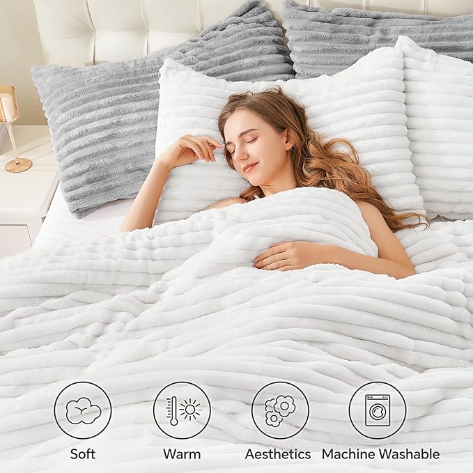 BEDELITE Fleece California King Comforter Set -Super Soft & Warm Fluffy Bright White Bedding, Luxury Fuzzy Heavy Bed Set for Winter with 2 Pillow Cases