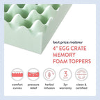 Best Price Mattress 4 Inch Egg Crate Memory Foam Mattress Topper with Calming Green Tea Infusion, CertiPUR-US Certified, Short Queen