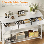 Furologee White Entryway Table, 38'' Console Sofa Table with 3 Fabric Drawers, Industrial Entry Way Table with Storage Shelves, Display Shelf for Living Room, Hallway, Entrance, Foyer