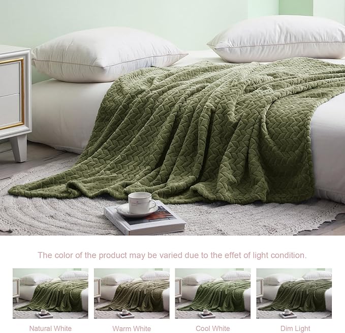 Exclusivo Mezcla Fleece Throw Blanket for Couch, 50x70 Inches Soft Cozy Jacquard Flannel Blankets, Lightweight Fuzzy Plush Warm Throws for Winter, Olive Green