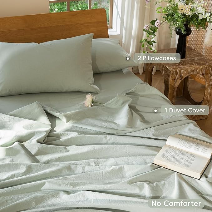 MooMee Bedding Duvet Cover Set 100% Washed Cotton Linen Like Textured Breathable Durable Soft Comfy (Heathered Sage Green, King 104"x90")