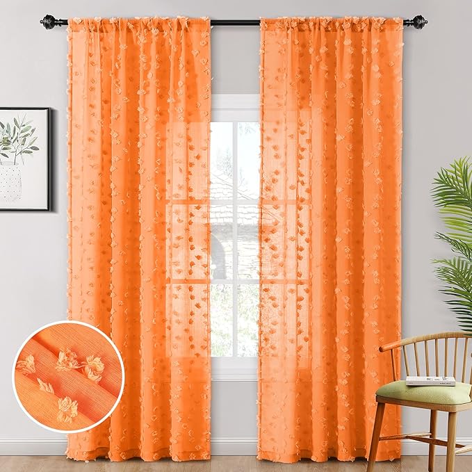 MYSKY HOME Pom Pom Orange Sheer Curtains for Bedroom Girls Room Curtains 72 Inches Long for Nursery Kids Light Filtering Boho Window Drapes, Rod Pocket, 52" Wide, 2 Panels