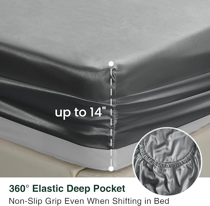 Love's cabin Satin Queen Sheets Set - 4 Piece Dark Grey Silky Bed Sheets with Deep Pocket, Luxury Silk Feel Satin Queen Size Sheet Set (1 Flat Sheet,1 Fitted Sheet,2 Pillow Cases)