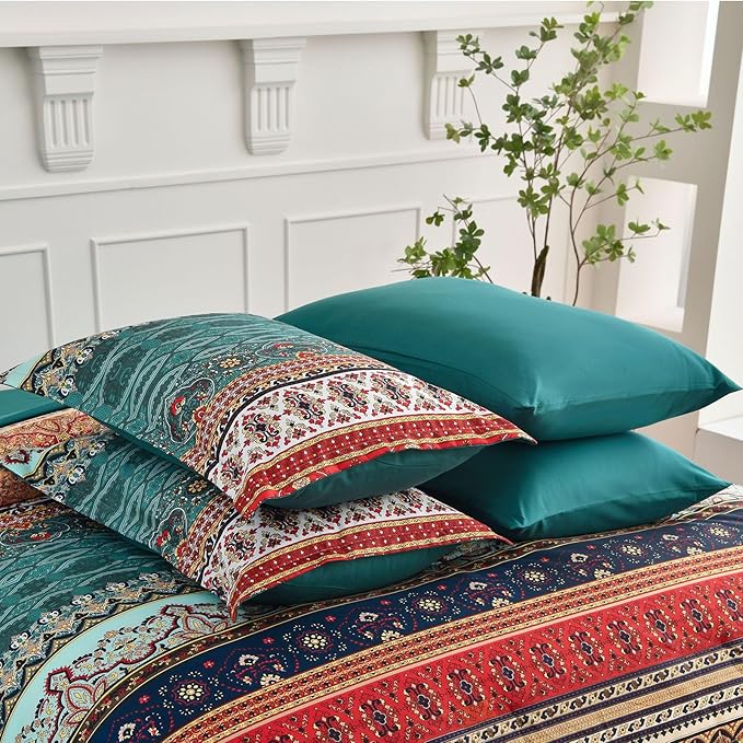 Boho Comforter Set California King Size 8 Pieces,Green and Brown Bohemian Striped Bed in a Bag,Floral Soft Microfiber Bedding Comforter Set for All Seasons